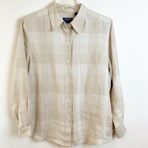 Vintage Liz Sport 100% Linen Plaid Button Shirt Lagenlook Long Sleeve Small Boxy